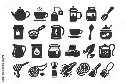 Collection of tea and coffee icons in black silhouette style.