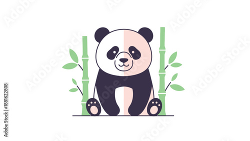 Adorable cartoon panda sitting between bamboo stalks in a minimal design