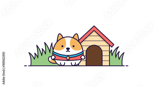 Adorable cartoon dog with a friendly expression sitting beside a cozy doghouse