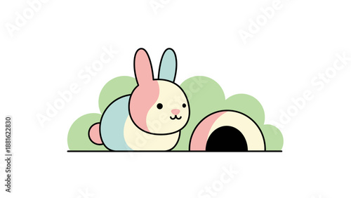 Adorable pastel-colored bunny with a cozy burrow set among soft greenery