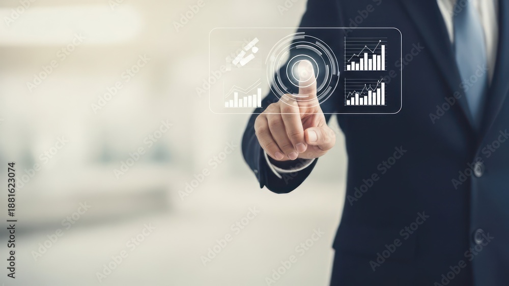 Obraz premium Man interacts with projected data graphs