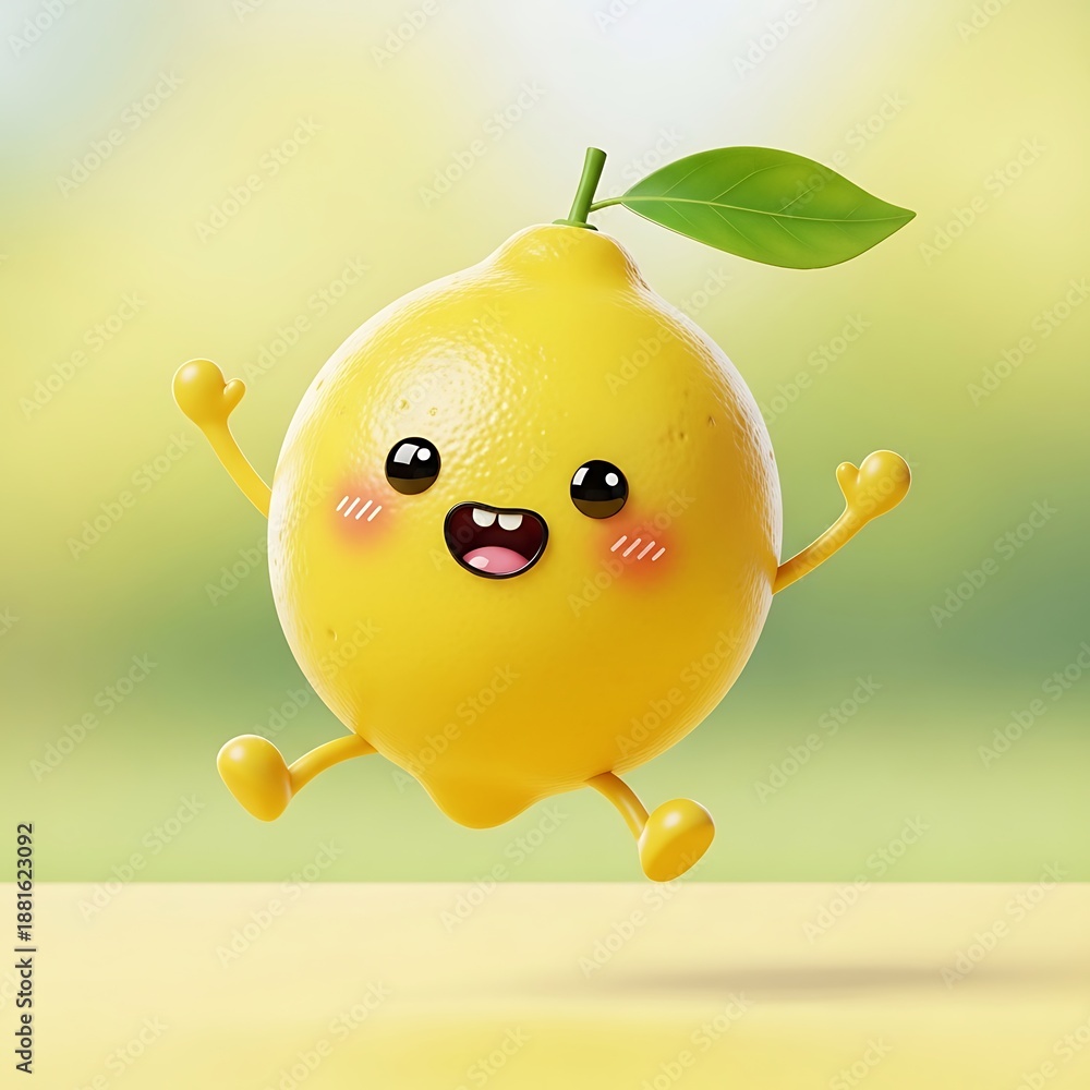 Fototapeta premium Happy cartoon lemon character jumping high.