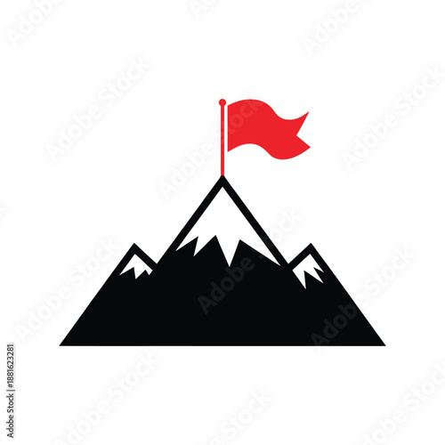 A symbolic depiction of a mountain peak with a red flag waving atop