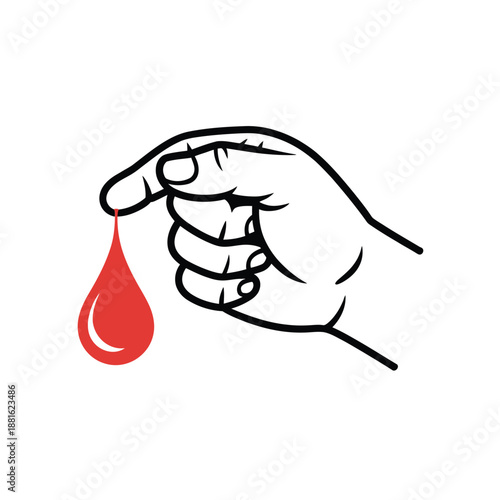 A hand gently holding a single red teardrop or blood droplet