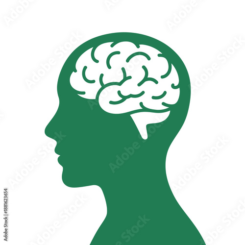 Green silhouette of a human head with a brain inside
