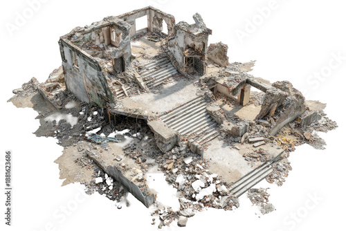 Aerial view of a destroyed building with staircases, rubble, and concrete