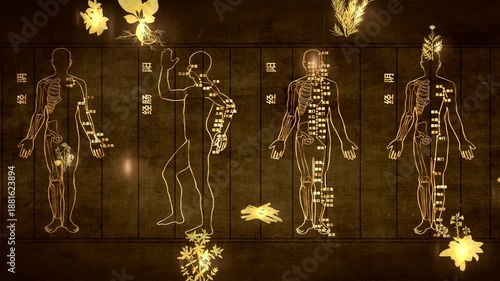 Human acupuncture points images, meridian unblocking, acupuncture, traditional Chinese medicine, restoring the energy of the human body's internal organs, 3D animation.