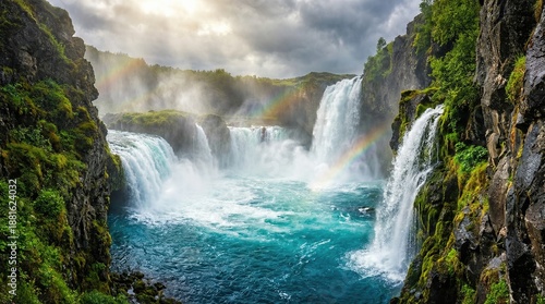 Majestic waterfall with vibrant rainbow arching over the powerful cascade, symbolizing creation and the beauty of natural world.