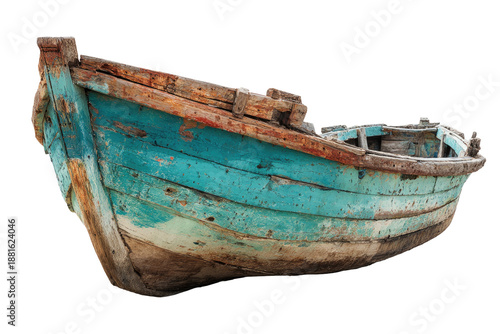 Weathered, teal-painted wooden boat, partially decaying. Isolated against black background