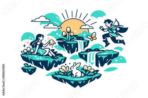 Spring awakening in fantasy world. A magical landscape blooming overnight, glowing plants rising as sunlight