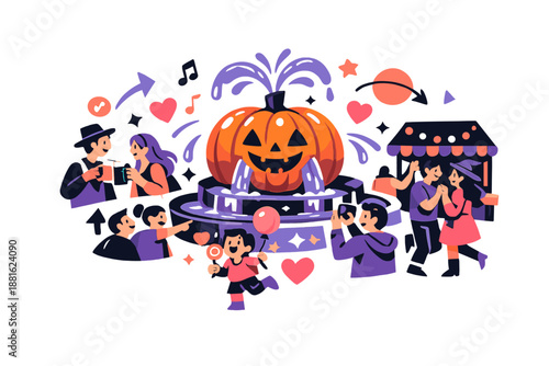 Festive Pumpkin Gathering. Pumpkin village square. A central giant pumpkin fountain, villagers gathering,