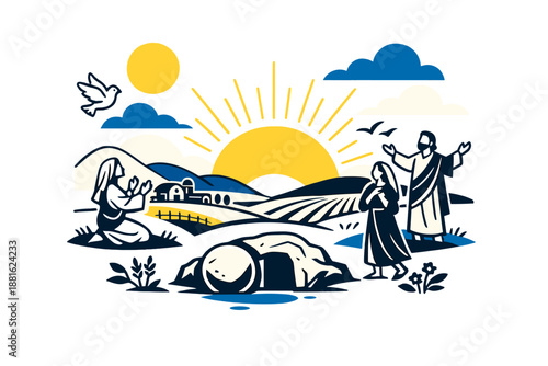 Resurrection morning landscape. Golden sun lifting above quiet farmland, long shadows and fresh green hints