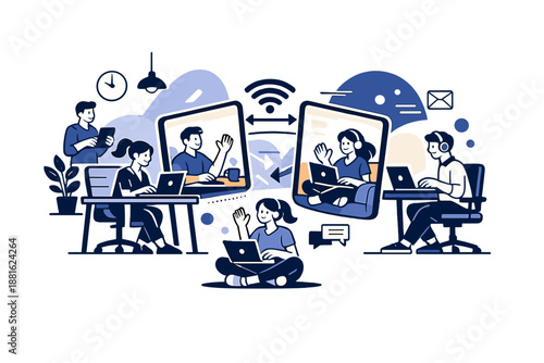 Future-Ready Workspace Design. Hybrid office workspace illustration. A modern office blended with remote work,