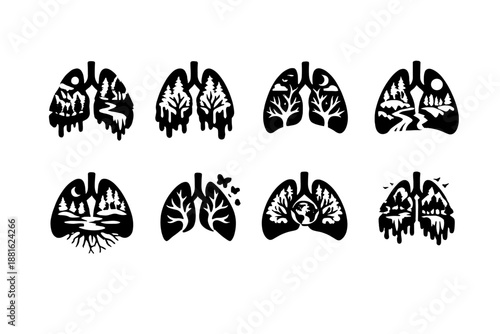 Eco surreal lungs. Filled icon set of Eco surreal lungs: surreal eco lungs, melting forest