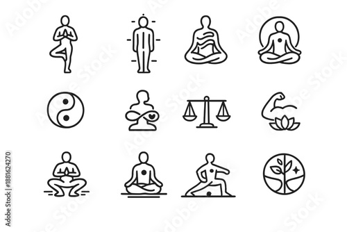 Mind body balance. Line outline icon set of Mind body balance: balanced posture, alignment lines, energy flow,