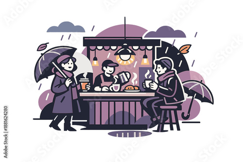 Rainy fall coffee break. Small café corner with umbrellas, glowing lamps, and hot drinks on the counter, soft