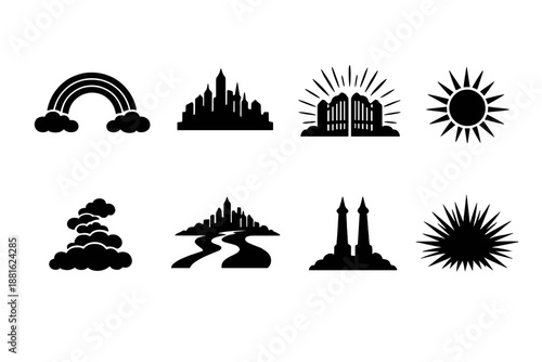 Rainbow ending in golden city. Filled icon set of Rainbow ending in golden city: rainbow arc