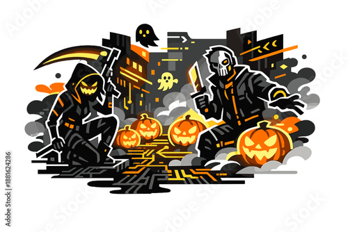 Neon horror cyber scene. A cyberpunk alley filled with glowing pumpkins, circuit-pattern