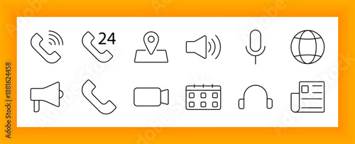 Call center set icon. Phone icons, microphones, megaphones, globe, calendar, location marker, speaker, news, and headphones shown in outline representing voice support and audio services.
