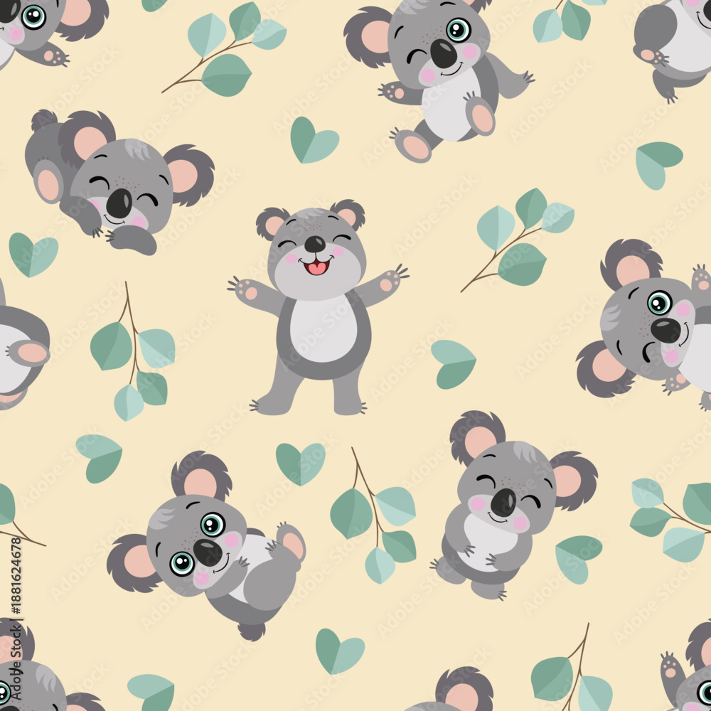 Naklejka premium Seamless Pattern of Cute Baby Koalas and Eucalyptus Leaves