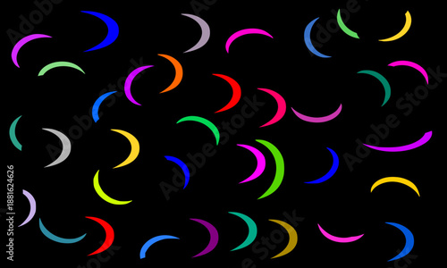 Abstract Colorful Crescent Moon Shapes on Black Background, Vibrant Neon Multi-Colored Curved Lines Pattern, Minimalist Artistic Celestial Vector Graphic, Creative Decorative Geometric Elements