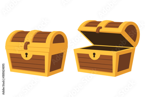 Wooden treasure chest set vector illustration, featuring open empty chest and closed pirate chest with gold lock, antique storage, ancient dower, mystery box, and game icon designs isolated on white
