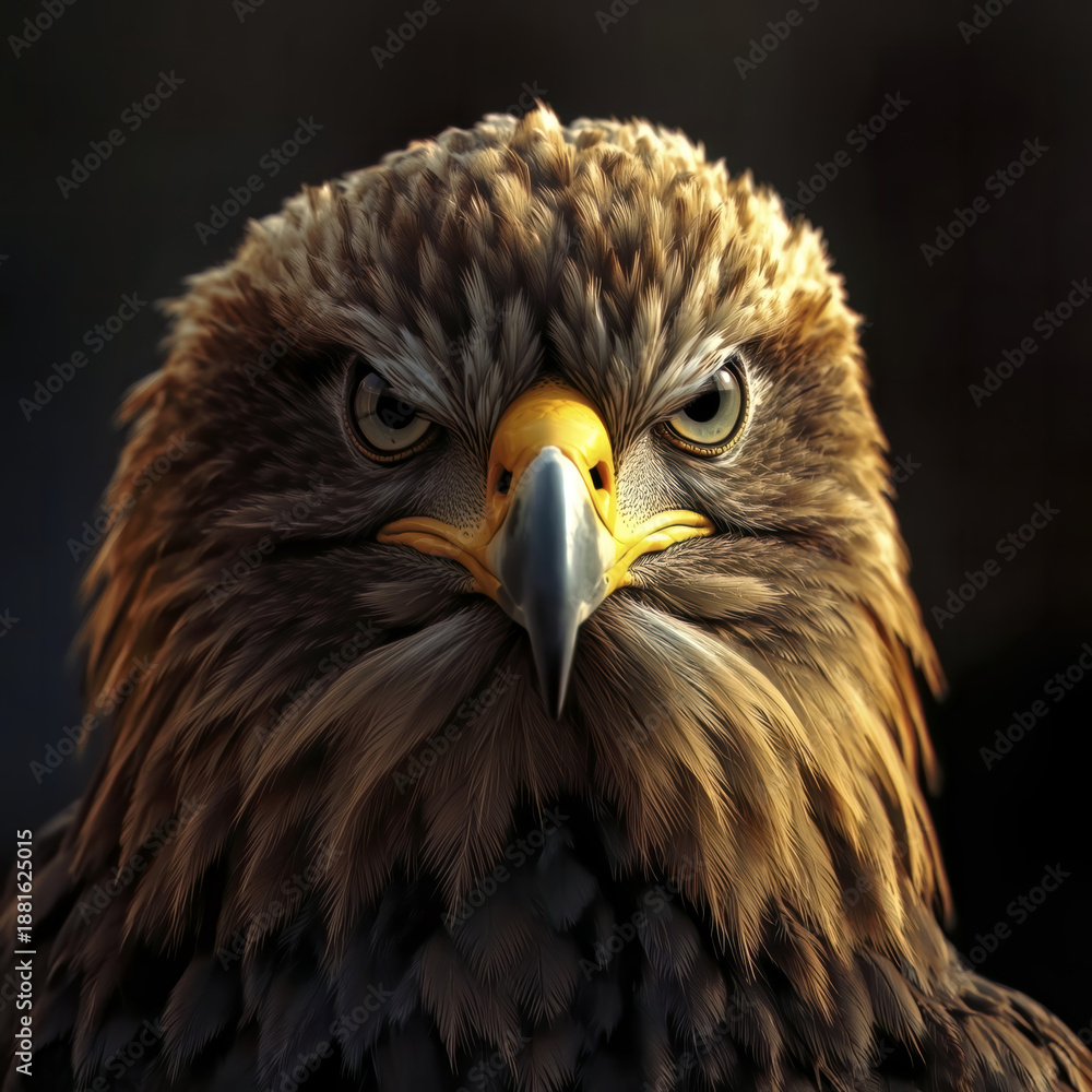 Naklejka premium Majestic Golden Eagle Head Close-Up with Piercing Gaze, Regal Plumage, and Powerful Freedom Symbol in Spanish Context Against Dark Gradient Background