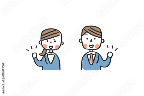 ガッツポーズをするスーツ姿の男女