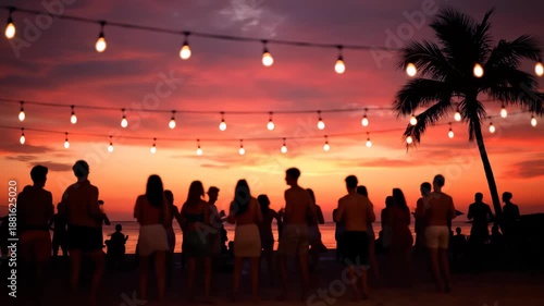 Silhouettes of friends dancing at a vibrant sunset beach party under bright string lights, concept for travel promotions, summer festival visuals and vacation retreat marketing