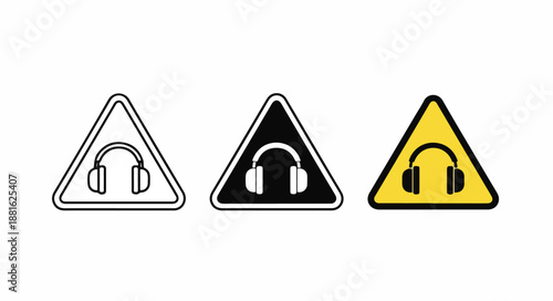Graphic illustration of three triangular warning signs with headphones on a white background in black, white and yellow colors.