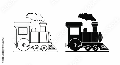 Two vintage steam locomotive illustrations in black and white and gray on a white background with smoke coming out of the chimneys.