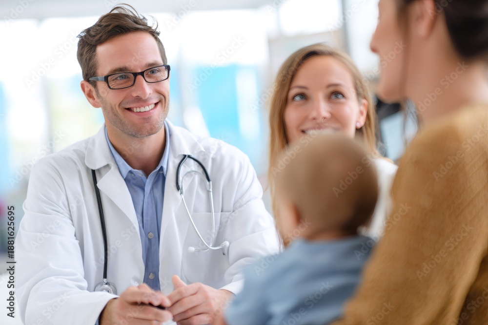 Obraz premium Friendly male pediatrician smiling during a consultation with a mother and her baby. Doctor providing family healthcare in a modern clinic