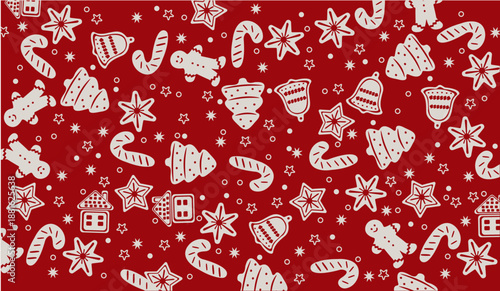 Christmas seamless pattern with hand drawn cookies, candies, stars and holiday treats on red background. Festive winter ornament texture suitable for wrapping paper, packaging, fabric, cards.