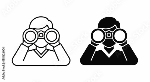 Two line icons of people looking through binoculars in black and white on a plain background.