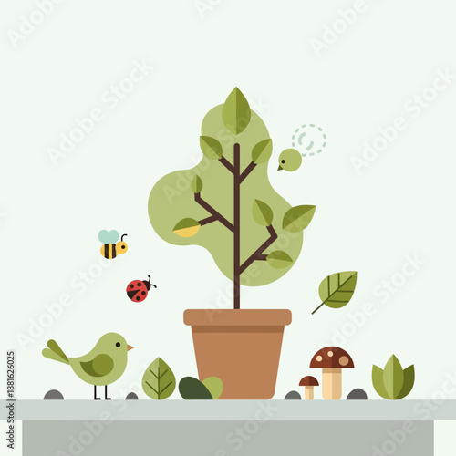 Flat design illustration of a potted plant with bird, bee, ladybug, and mushrooms