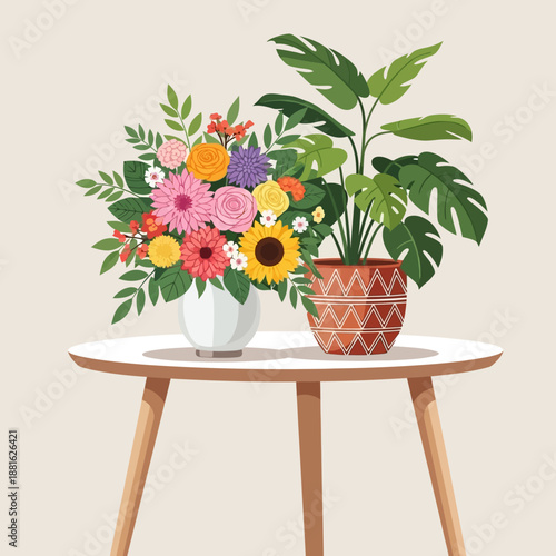Vibrant Floral Arrangement & Monstera Plant on a Table