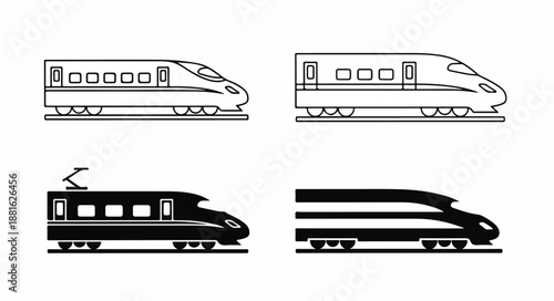 Four different train silhouettes and line drawings on a white background in black and white.