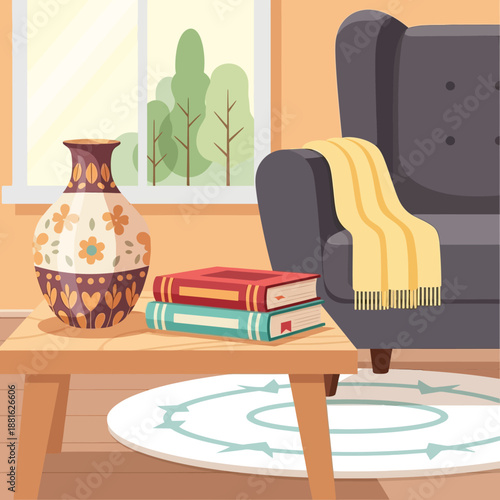 Cozy living room corner with armchair, books, vase, and window view