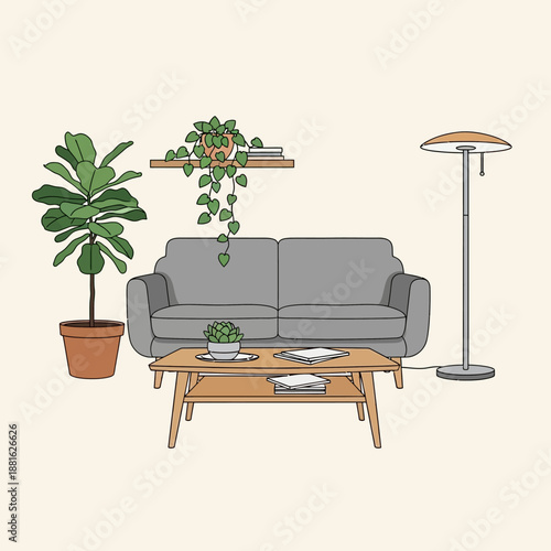 Cozy living room illustration with sofa, coffee table, plants, and floor lamp