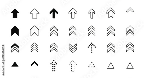 A collection of various black and white arrow icons on a plain white background, featuring multiple styles and designs.