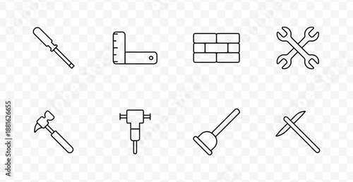 Construction tools set icon. Screwdriver, ruler, bricks, wrenches, hammer, jackhammer, plunger, pickaxe, all in simple line work for building and repair tools.