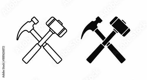 Black and white line icons of crossed hammer and mallet tools on a plain white background.