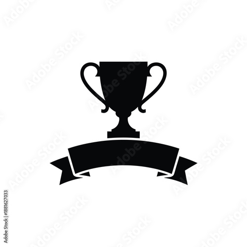 black trophy cup icon with ribbon banner on white background