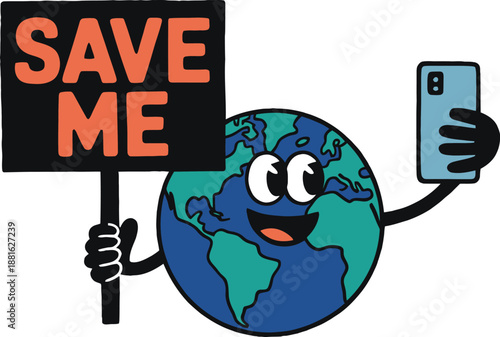 A joyful cartoon planet Earth character holds a SAVE ME sign and takes a selfie with a modern smartphone