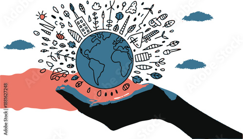 A large hand holds the planet earth surrounded by numerous small eco friendly doodles and clouds