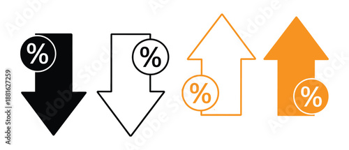 arrow icon with percent symbol, economic growth, increase, decrease arrow, up and down arrow icon. Concept for percentage of interest rate, growth profit, stock price etc. Thin line or outline of shap