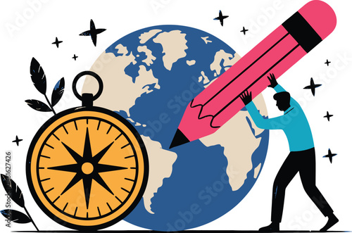 A person draws on a globe with an oversized pencil near a compass for world exploration