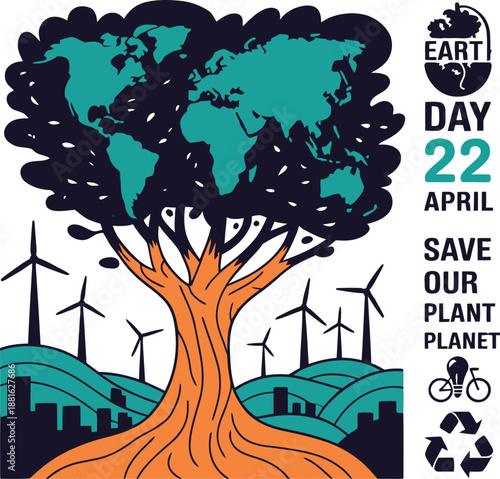 A powerful illustration showing a world map tree with wind turbines and a city, celebrating Earth Day on April 22