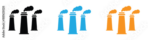 Factory Pollution Icon Collection With Multiple Styles. Industrial chimneys emitting smoke in various. 