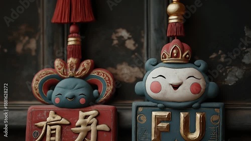 Decorative Chinese ornaments with symbols representing good fortune  